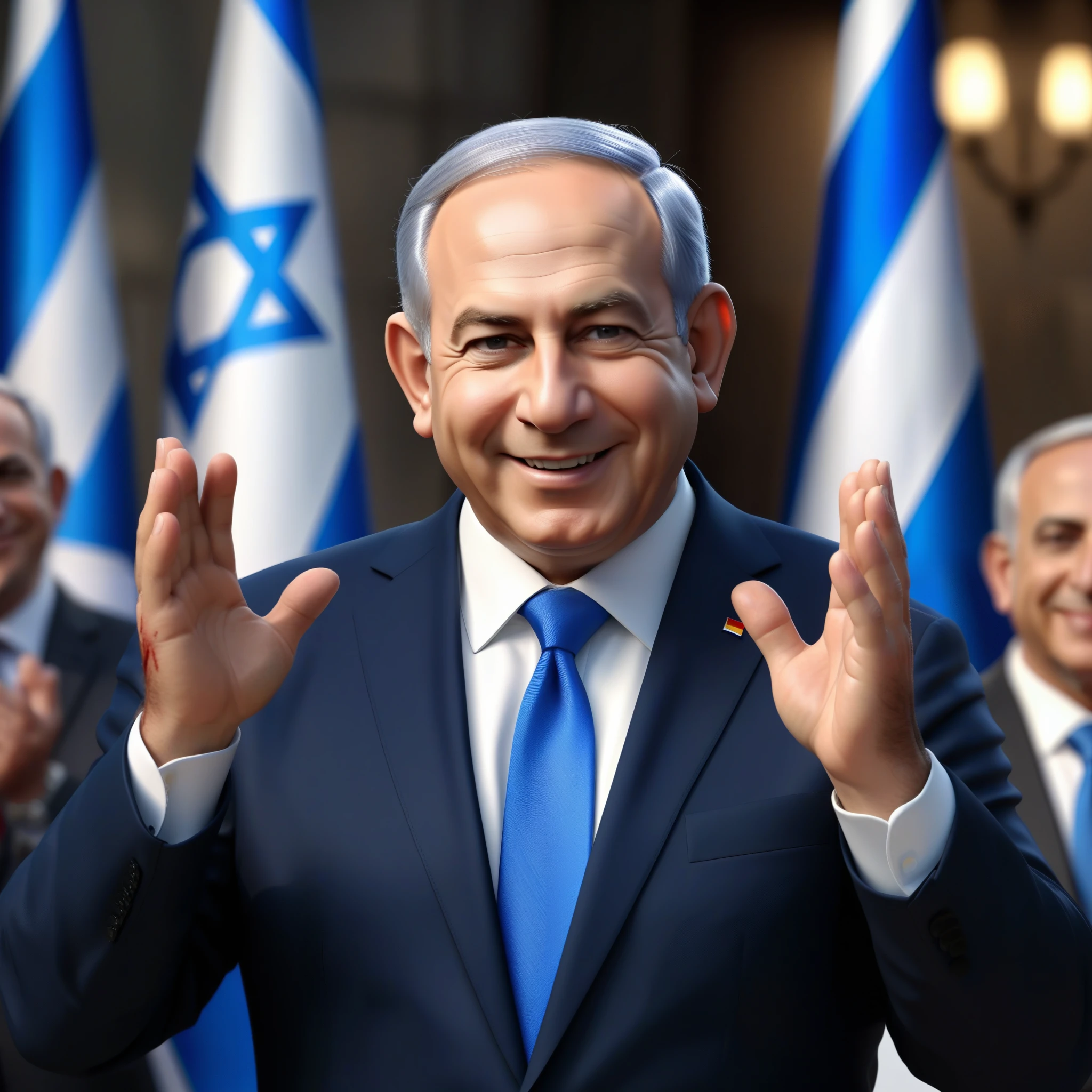 (masterpiece:1.2) (photorealistic:1.2) (bokeh) (best quality) (detailed skin) (intricate details) (8k) (high poly) (ray tracing) (cinematic lighting) (sharp focus),( full body:1.2),  (half body:1.2) The truth of clean smiling Benjamin Netanyahu (trying to wipe blood from his hands:1.4), (malevolence:1.2) Israel flags