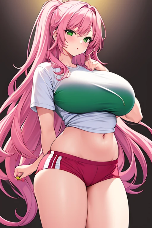 1girl, long hair, pink hair, green eyes, aprted lips, large breasts, thick thighs, gym uniform, shirt, white shirt, short pants, red shorts, standing, tall, tall female, hourglass figure, mature female, milf