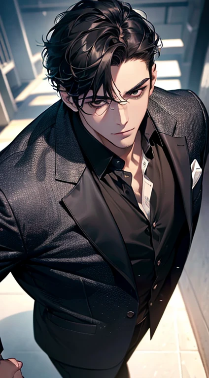 (best quality, masterpiece, 8K, photorealistic, cinematic lighting, 1:4 hdr image, top view, ultra detailed, beautiful image), a mature man, very handsome, short black hair, black eyes, perfect face without errors , ((buttoning his jacket, CEO))