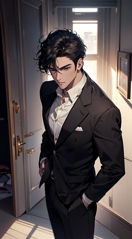 (best quality, masterpiece, 8K, photorealistic, cinematic lighting, 1:4 hdr image, top view, ultra detailed, beautiful image), a mature man, very handsome, short black hair, black eyes, perfect face without errors , ((buttoning his jacket, CEO))