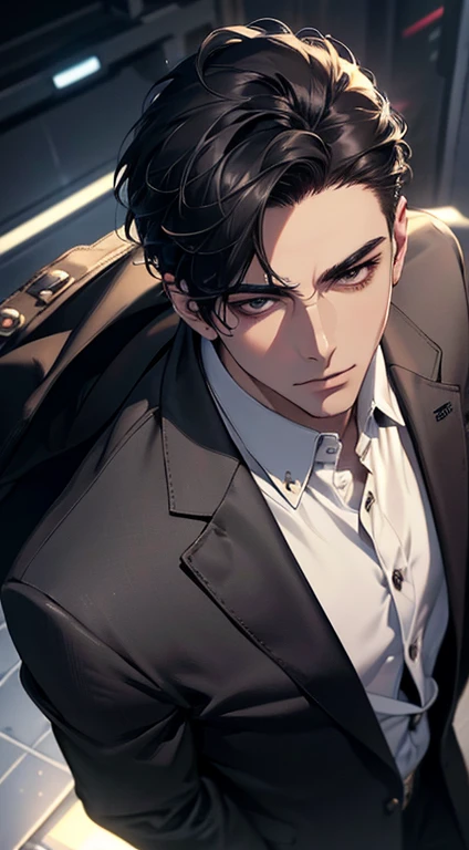(best quality, masterpiece, 8K, photorealistic, cinematic lighting, 1:4 hdr image, top view, ultra detailed, beautiful image), a mature man, very handsome, short black hair, black eyes, perfect face without errors , ((buttoning his jacket, CEO))