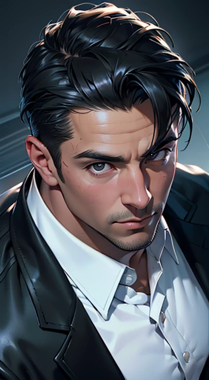 (best quality, masterpiece, 8K, photorealistic, cinematic lighting, 1:4 hdr image, top view, ultra detailed, beautiful image), a mature man, very handsome, short black hair, black eyes, perfect face without errors , ((buttoning his jacket, CEO))