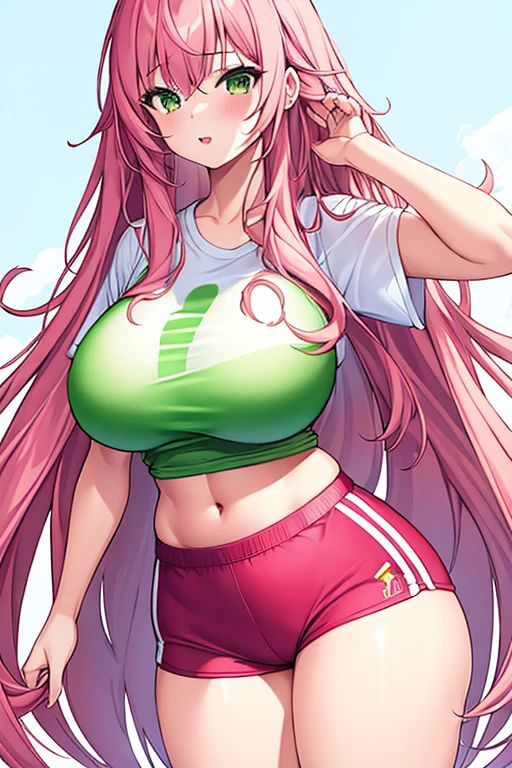 1girl, long hair, pink hair, green eyes, aprted lips, large breasts, thick thighs, gym uniform, shirt, white shirt, short pants, red shorts, standing, tall, tall female, hourglass figure, mature female, milf