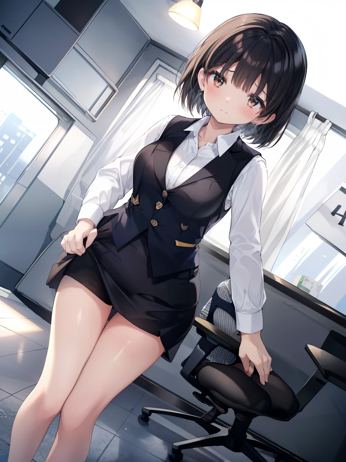 highest quality, Flying debris、Beautiful woman、officeレディー、Black Hair、(Brown eyes、Big Breasts)、short hair、チェック柄のダークブルーのofficeスーツ)、new employee,Full Body Shot、Female office lady、break(Dark blue checked vest、White dress shirt、Navy blue mini tight pencil skirt:1.2)、(Black knee-high、Absolute area、High heels)、break(office:1.3)、Cleavage、Unbutton your shirt、blush、Embarrassed、Troubled face、The skirt is torn、Standing posture