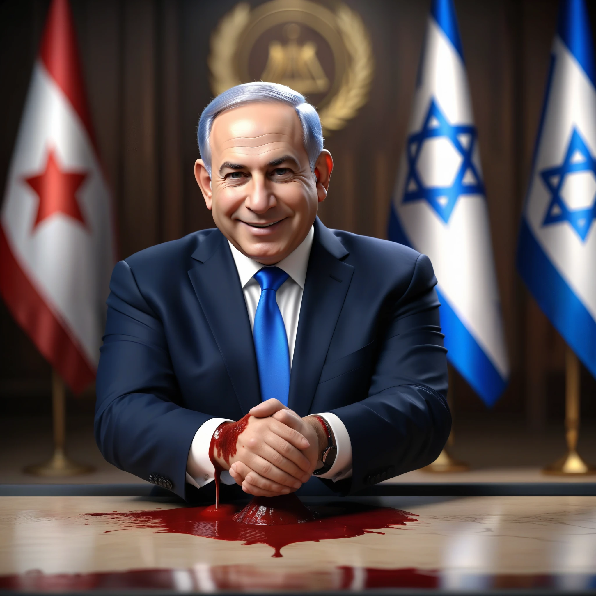 (masterpiece:1.2) (photorealistic:1.2) (bokeh) (best quality) (detailed skin) (intricate details) (8k) (high poly) (ray tracing) (cinematic lighting) (sharp focus),( full body:1.2),  (half body:1.2) The truth of clean smiling Benjamin Netanyahu (trying to wipe blood from his hands:1.4), (malevolence:1.2) Israel flags