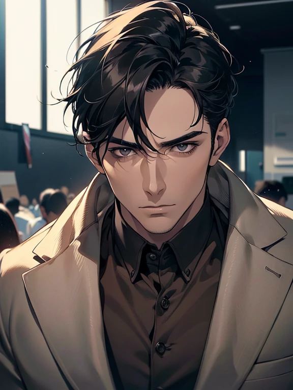 (best quality, masterpiece, 8K, photorealistic, cinematic lighting, hdr image, ultra detailed, beautiful image), 1 man, 31 years old, mature man, very handsome, (without expression, serious), short black hair, black eyes ( penetrating gaze), perfect face without errors, imposing posture, without errors, businessman, office background