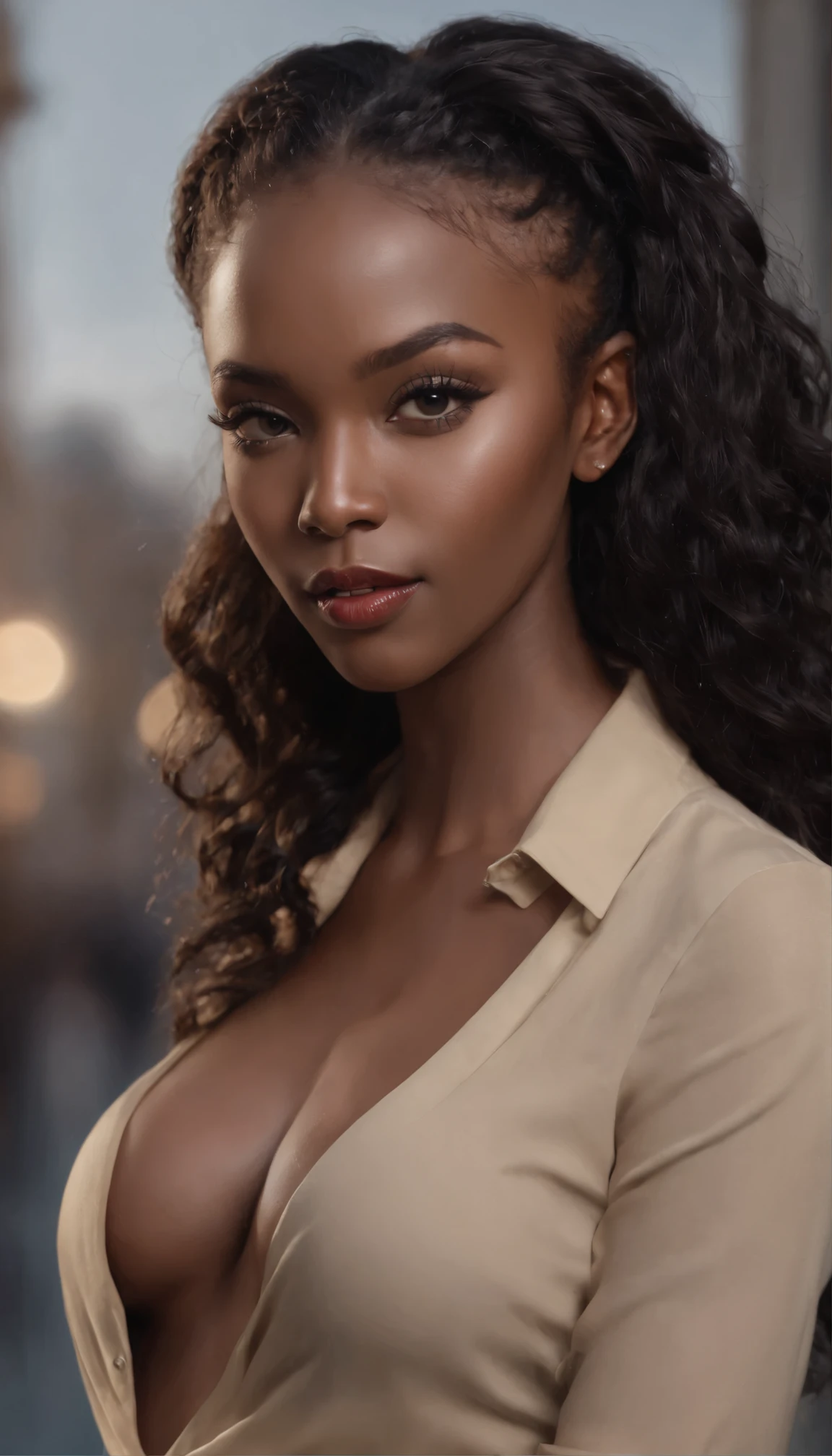 ((Dark African skin, Very deep ebony skin)), ((Its beauty is undeniable)), ((Excited cute face)), ((Hyper detailed perfect eyes,)), ((pose mignonne)), ((Langue sortie)), ((Seductive )), sexy, (( Tight mesh shirt, shorts courts sexy)), ((Afro ponytail with long African curly hair,)), (( peau)), (( gros seins )), ((debout, vue de face)), ((toucher ses propres jambes dans une pose sexy)), ((dehors, Ville publique)), Sharp Focus CGI, photoreallistic, High detail, Realstic, Masterpiece, absurdes, Best quality, Hdr, High quality, high-definition, Extremely detailed, 8k wallpaper, Intricate details, 8K UHD, Full-HD, (photo realist:1.2), contraste, intense illumination, lighting cinematic, natural lighting, hard light, contre-jour, Illumination globale, occlusion ambiante, bare ebony spread to show dirty, Workwear, Elegant, respectueuse, with red lipstick.