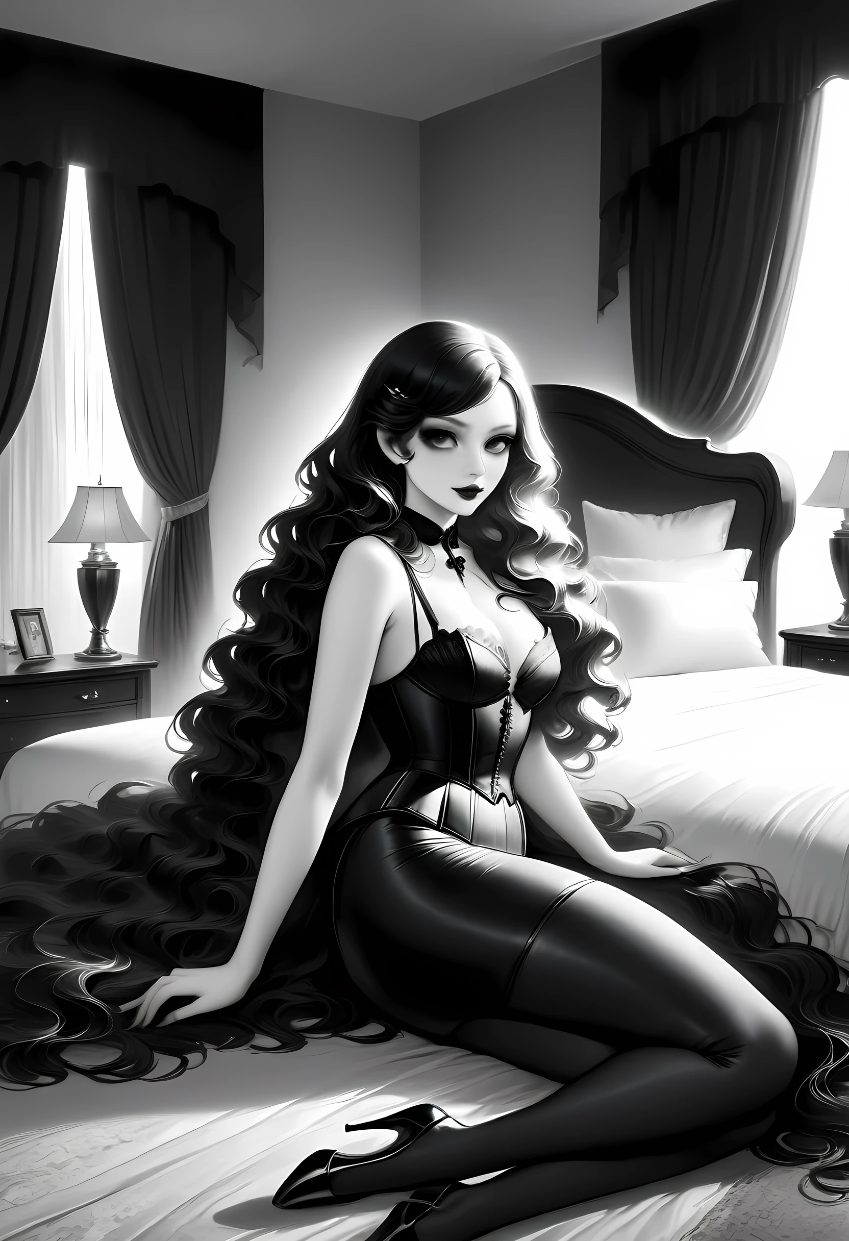 fantasy art deco (art deco: 1.5) A (black and white: 1.5) glamours (vampire: 1.5) model shot, RAW, award winning, of an exquisite beautiful 1solo female vampire, ultra feminine, full body, busty woman, most beautiful face, long hair, wavy hair, pale skin, glowing (eyes, wearing silk corset, stockings, wearing intricate high heels, lying in bed, light make up, modern day high society bedroom background, (black and white filter: 1.4), (anatomically correct: 1.4), 1920s photoshoot style, picture taken from dynamic range, ultra wide shot, photorealism, depth of field, hyper realistic, black_and_white_1920s_style