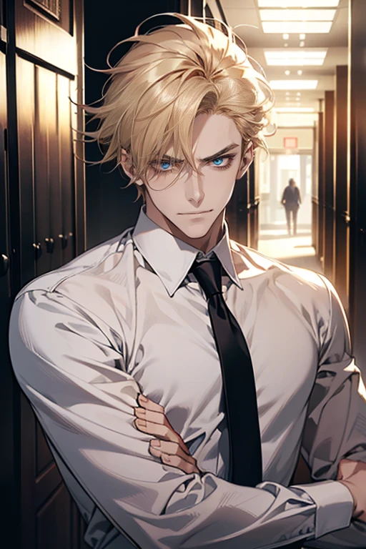 (tmasterpiece, high resolution, ultra - detailed:1.0), (1 boy, Young male, masculine face), Perfect male body, tall and strong, Adult male, Delicate eyes and delicate face, Extremely detailed CG, Unity 8k wallpaper, Complicated details, Detailed face, (blond hair, messy hair, serious faces, white shirts,Bad students), (frown,evil smile:1.3), stad in school corridor, street style, color difference, Depth of field, dramatic shadow, Ray tracing, Best quality, Cinematic lighting, offcial art,Portrait