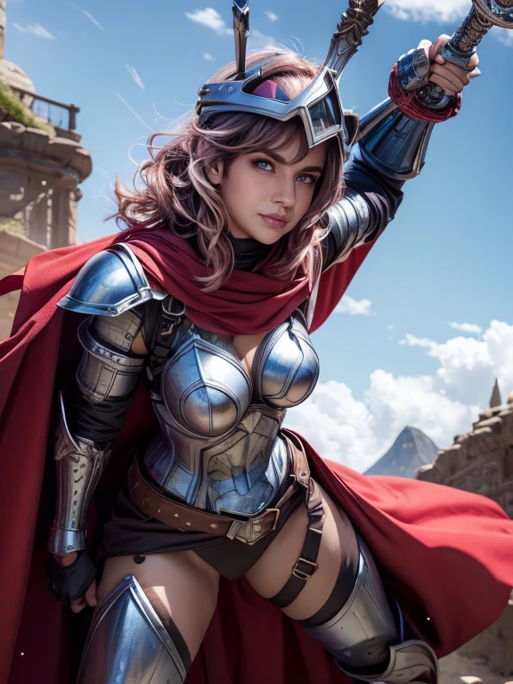 WARRIOR FEMALE (blue sky) (field) (chain_mail) (realistic_shadows) ((full_armor)) (red cape) (silhouette), ((gothic knight)) (facing_forward) (hammer)((front facing)), (visor), (ornate helmet), (dynamic_pose) (glowing_silver) (ornate silver armor), (silver), (hold) (holding sword)(sword) BREAK (surreal:1.3) BREAK ((fantasy)) ((dynamic shot)) wide shot, wallpaper. (Thick thighs:1.3), (hanging breasts:1.2)