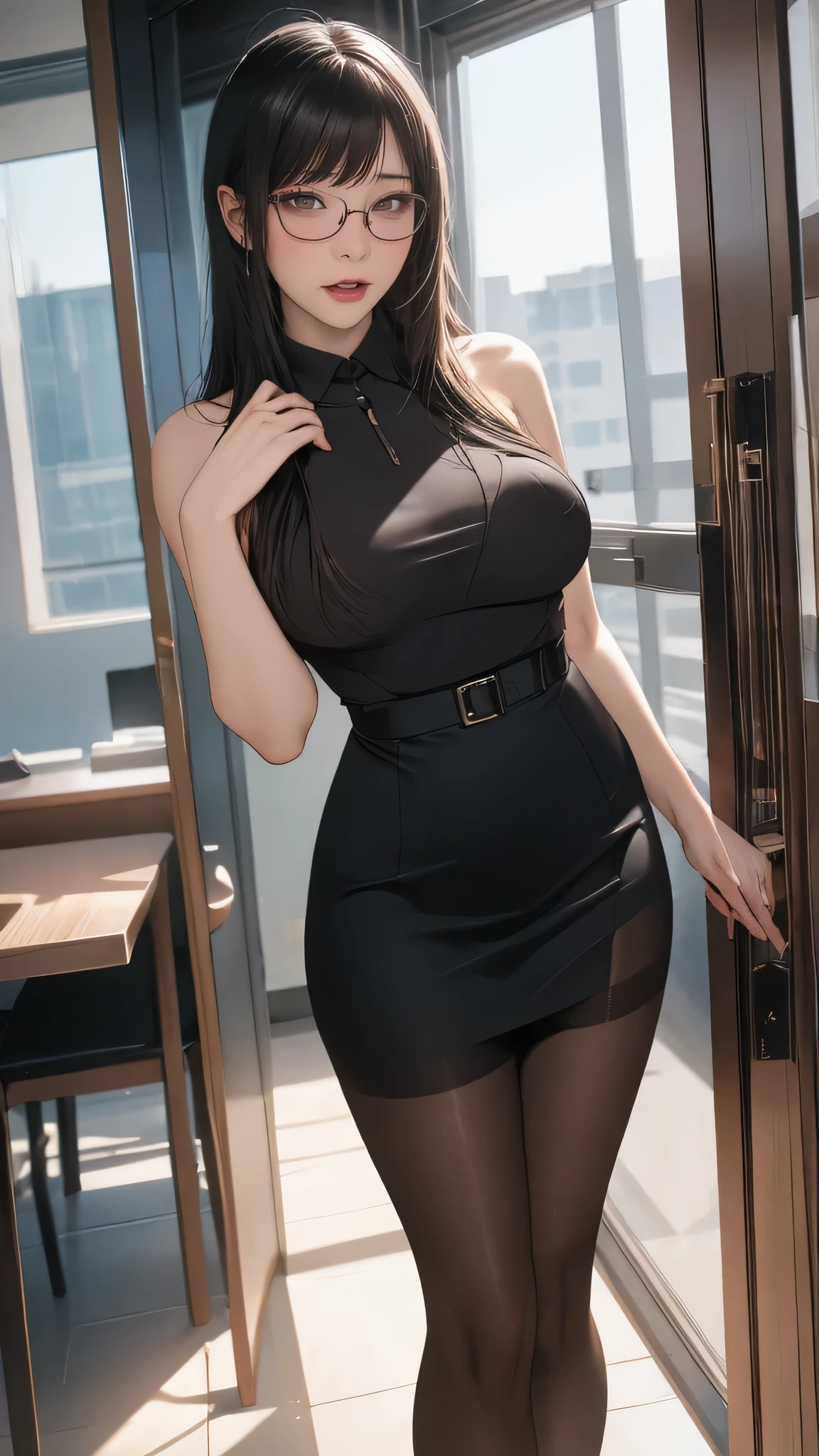 ((Midnight, Best quality, 8k, Masterpiece :1.3)), Sharp focus :1.2, A pretty woman with perfect figure :1.4, Slender abs :1.1, ((black hair, Big breasts :1.2)), (shorts dress, high stocking, Sitting:1.2), ((Night city view, Rooftop:1.3)), Highly detailed face and skin texture, Detailed eyes, Double eyelid, close up, smile