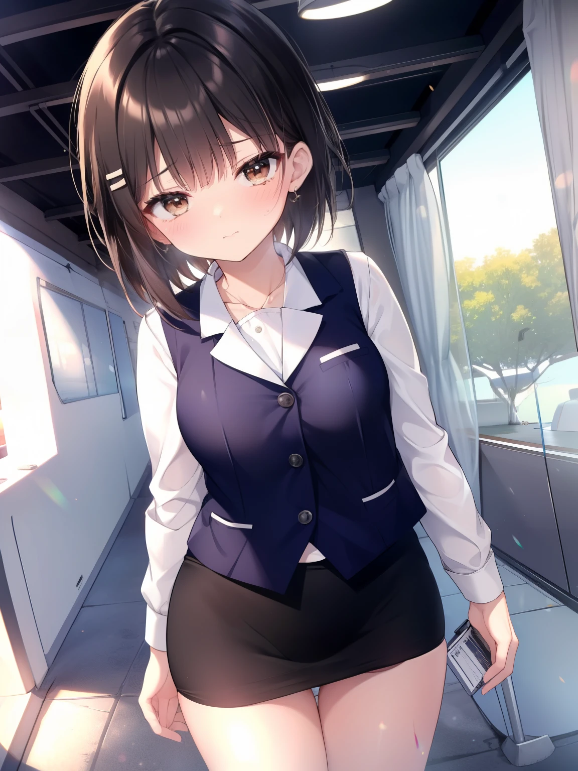 highest quality, Flying debris、Beautiful woman、officeレディー、Black Hair、(Brown eyes、Big Breasts)、short hair、チェック柄のダークブルーのofficeスーツ)、new employee,Full Body Shot、Female office lady、break(Dark blue checked vest、White dress shirt、Navy blue mini tight pencil skirt:1.2)、(Black knee-high、Absolute area、High heels)、break(office:1.3)、Cleavage、Unbutton your shirt、blush、Embarrassed、Troubled face、The skirt is torn、Standing posture