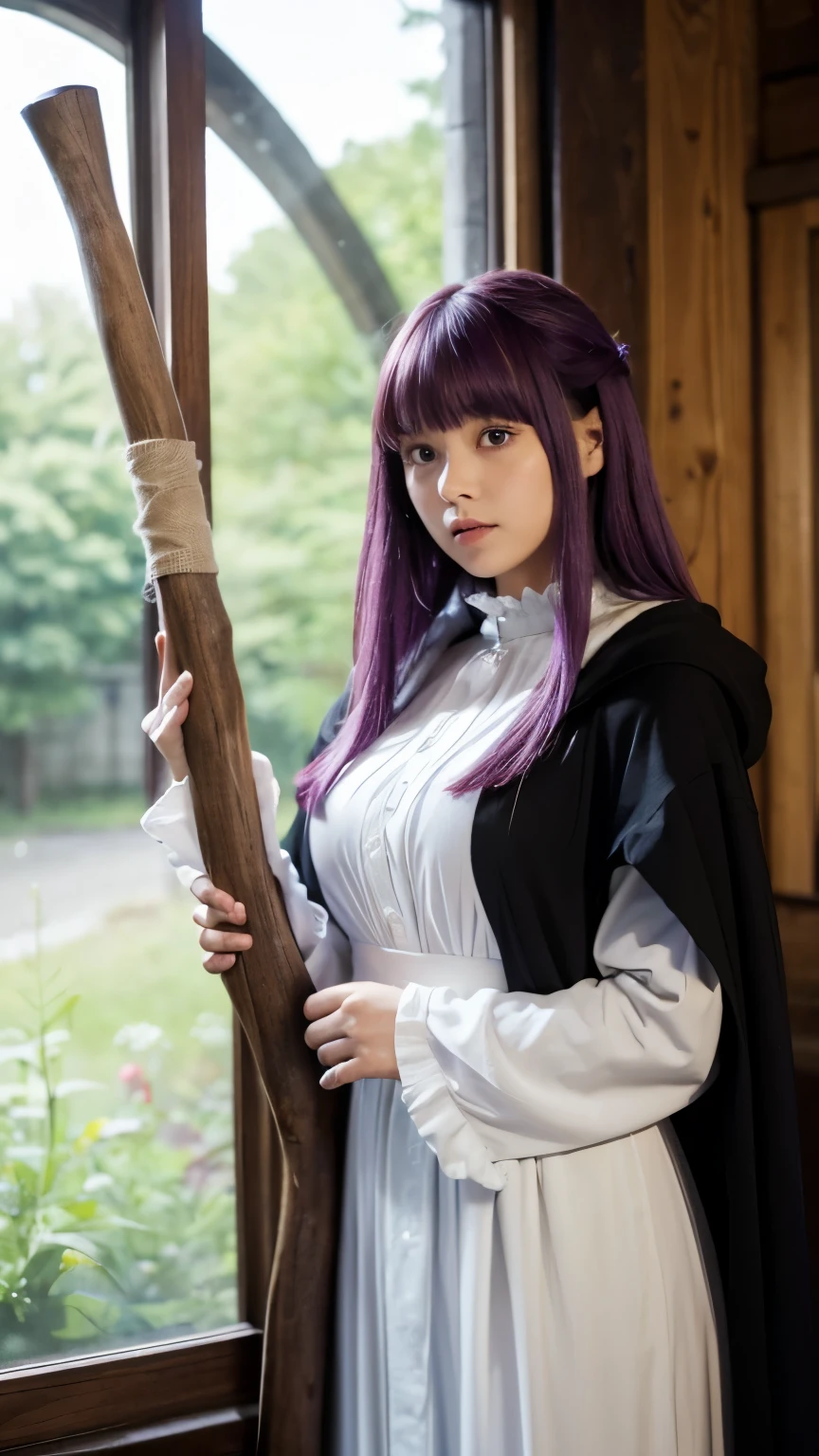 live-action, photo of, A scene inspired by the manga 'Frieren: Beyond Journey's End', fern, A hyper-realistic movie photograph of a beautiful cute girl with long, straight purple hair and blunt bangs cropped bangs, purple eyes, She is standing in a wooden room with large windows, holding a long staff wooden stick with a curved end, She is wearing a long, flowing white dress Ruffles around the neck with ((a black cloak)), The scene captures a serene and mystical atmosphere, reflecting the essence of a fantasy movie