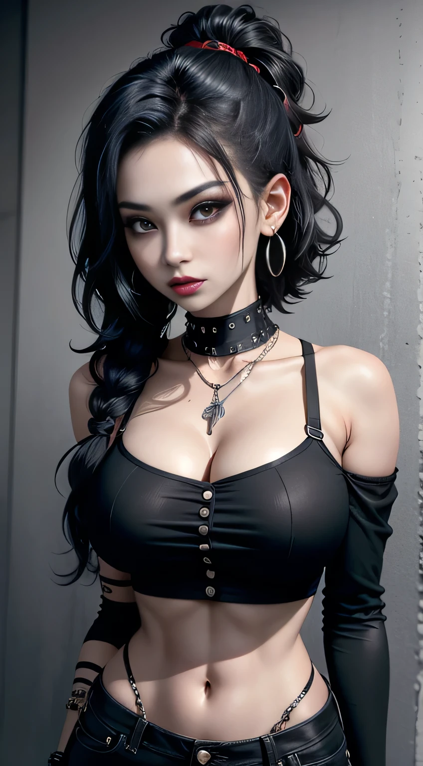 sfw, ((masterpiece)) ((best quality)) ((ultra-detailed)) ((navel)) (depth of field)) perfect body, shiny skin, Scene Emo, black hair, 1girl, short hair, punk rock black shirt, off shoulder, eyeliner, red eyes, detailed eyes, black lipstick, earrings, piercings, black pants, loose fitting clothes, chains on pants, hot goth coming home from a long day of hating the world, wearing bra,((skinny waist)), young asian girl, ((big breasted)),