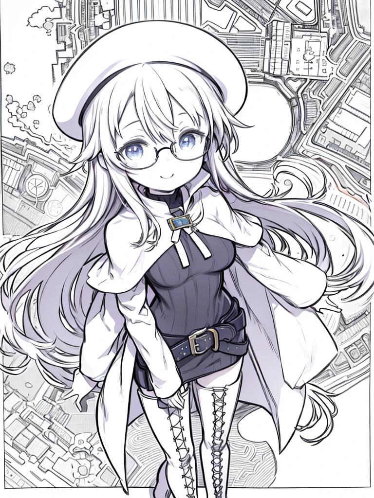masterpiece、highest quality、High resolution、Very detailed、((Flat Color))、(((Anime Lineart)))、whole body、Chibi Character、girl、cute、Nendoroid、smile、(There, Long Hair, blue eyes, Redhead, Hair between the eyes、Big Breasts)、Knee socks, Have, dress, boots, Glasses, belt, Cape, sweater, zettai ryouiki, beret, thigh boots, White footwear, ribbed sweater, loose belt,