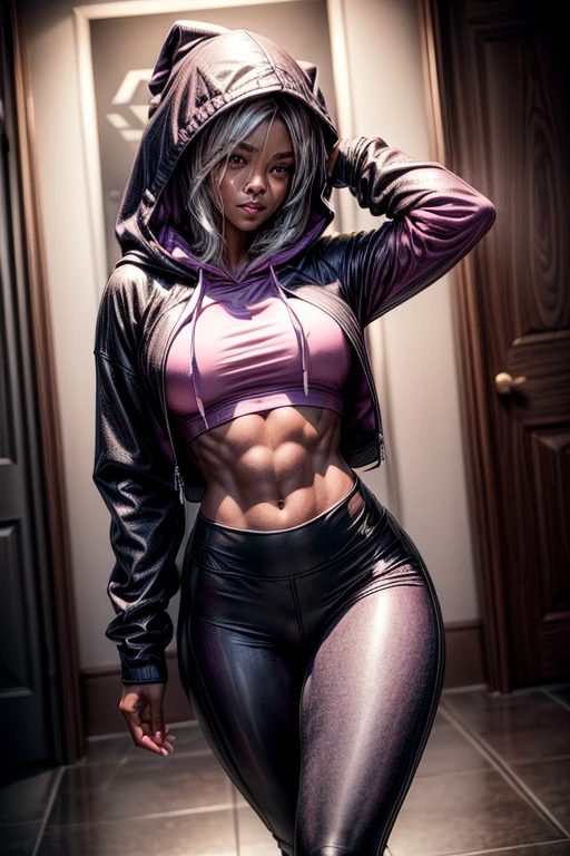 {(Sha'Carri Richardson
Velocista, usando (legging preto de couro), e uma (pink fleece hooded sweatshirt), (sensual)athletic body, cintura fina, coxas musculosas}.