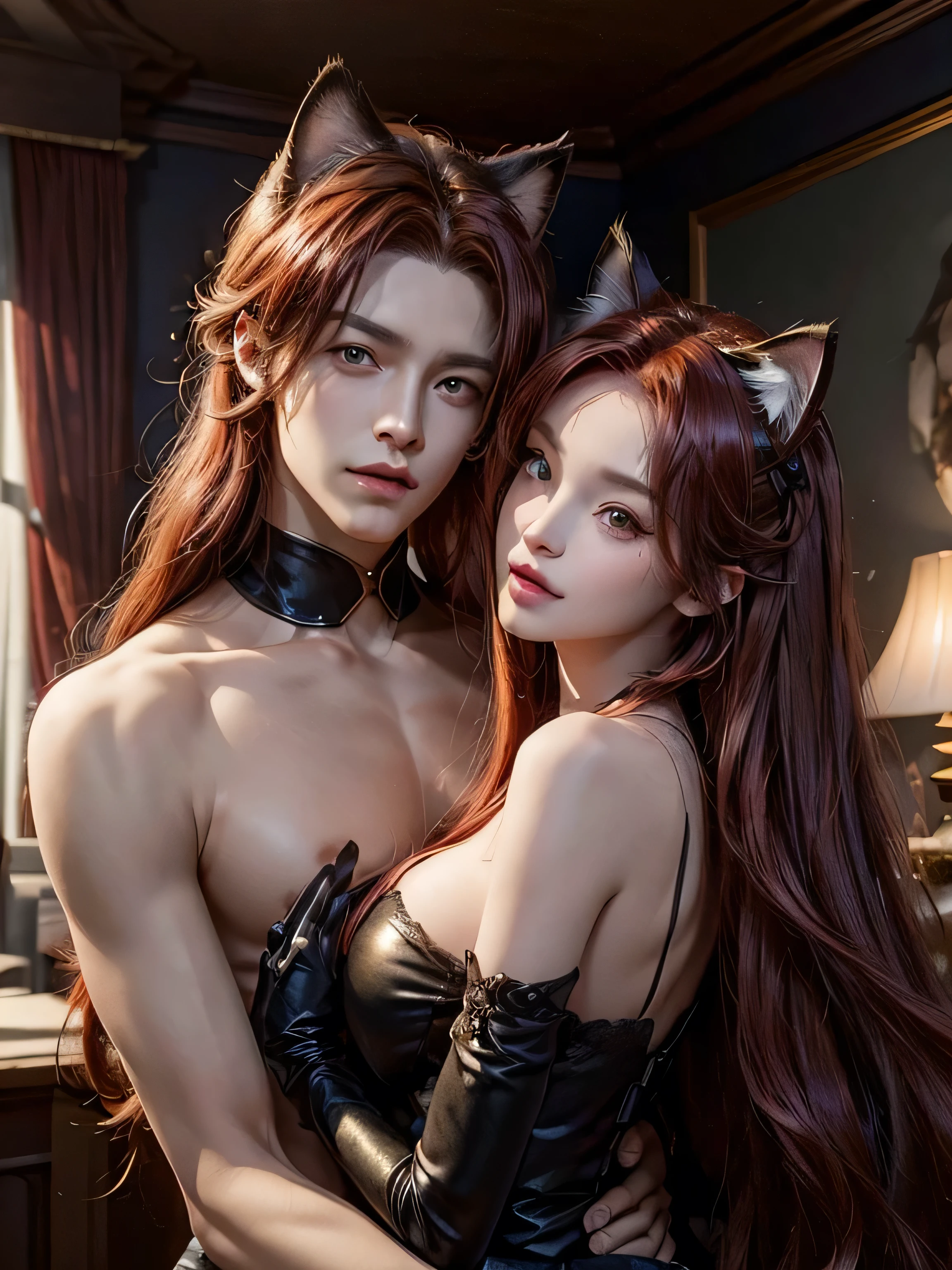 (Best Quality, 8K, Masterpiece, HDR, Soft Lighting, Picture Perfect, Realistic, Vivid), (woman, red hair, brown eyes, cat ears, close to man)( man, male, black hair, blue eyes, Man with cat ears, get ear) woman and man, cat ears, couple, (((full size figure))) Eyes looking at camera (with long red hair, long bangs, Forehead, smile, seductive, anime character portrait inspired) color difference, depth of field, dramatic shadow, ray tracing, best quality, highly detailed CG, 8K wallpaper, [Carefully rendered hair [Read more about beautiful and shiny hair]] ,(Perfect hand detail [ Beautiful fingers without breakage [Beautiful nails]],(Perfect anatomy (Perfect proportions)) [[Resembles the whole body]],[Perfect color coordination (Accurate imitation of the interaction of light and material)], [Fine art, conveying the meaning of the story]