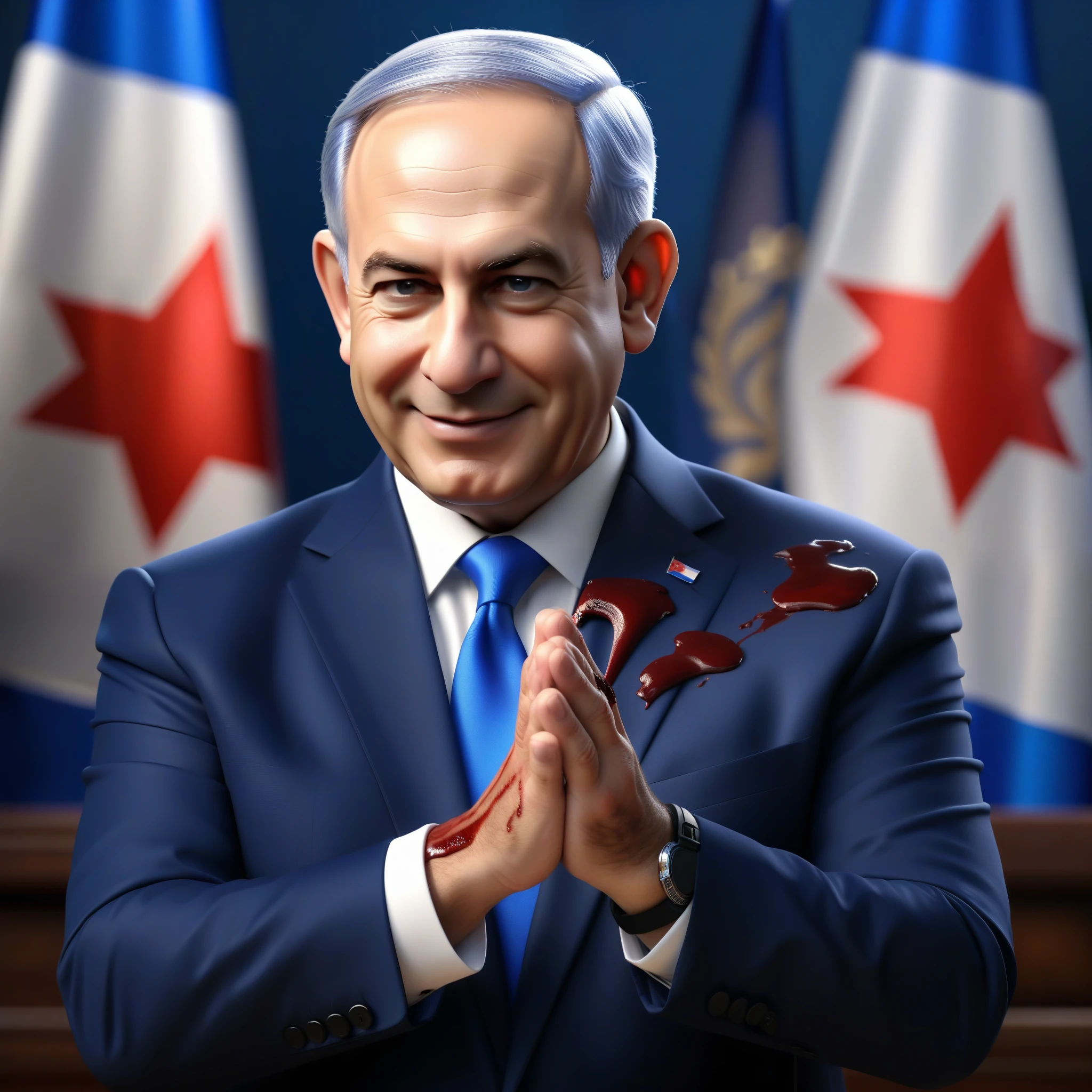 (masterpiece:1.2) (photorealistic:1.2) (bokeh) (best quality) (detailed skin) (intricate details) (8k) (high poly) (ray tracing) (cinematic lighting) (sharp focus),( full body:1.2),  (half body:1.2) The truth of clean smiling Benjamin Netanyahu (trying to wipe blood from his hands:1.4), (malevolence:1.2) Israel flags