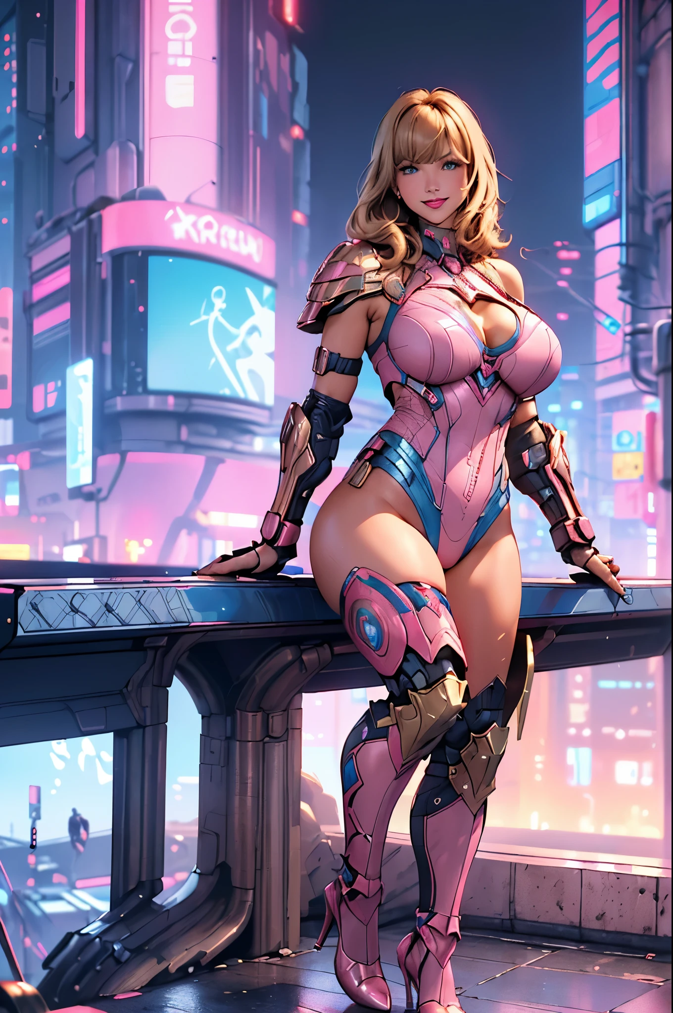 Supergirl 27 years old, (((1girl))) ((( Taylor Swift:Emma Stone:0.7))) Beautiful woman (((shoulder length wavy caramel blonde hair))) ((bangs:1.2)) ((pink and blue cyberpunk style futuristic armor leotard with matching heels)) defined body, Red lipstick, smiling, hands free, standing, high tech cyberpunk city rooftop, night, (:1.5) (curvy:1.2)(chubby:1.2)