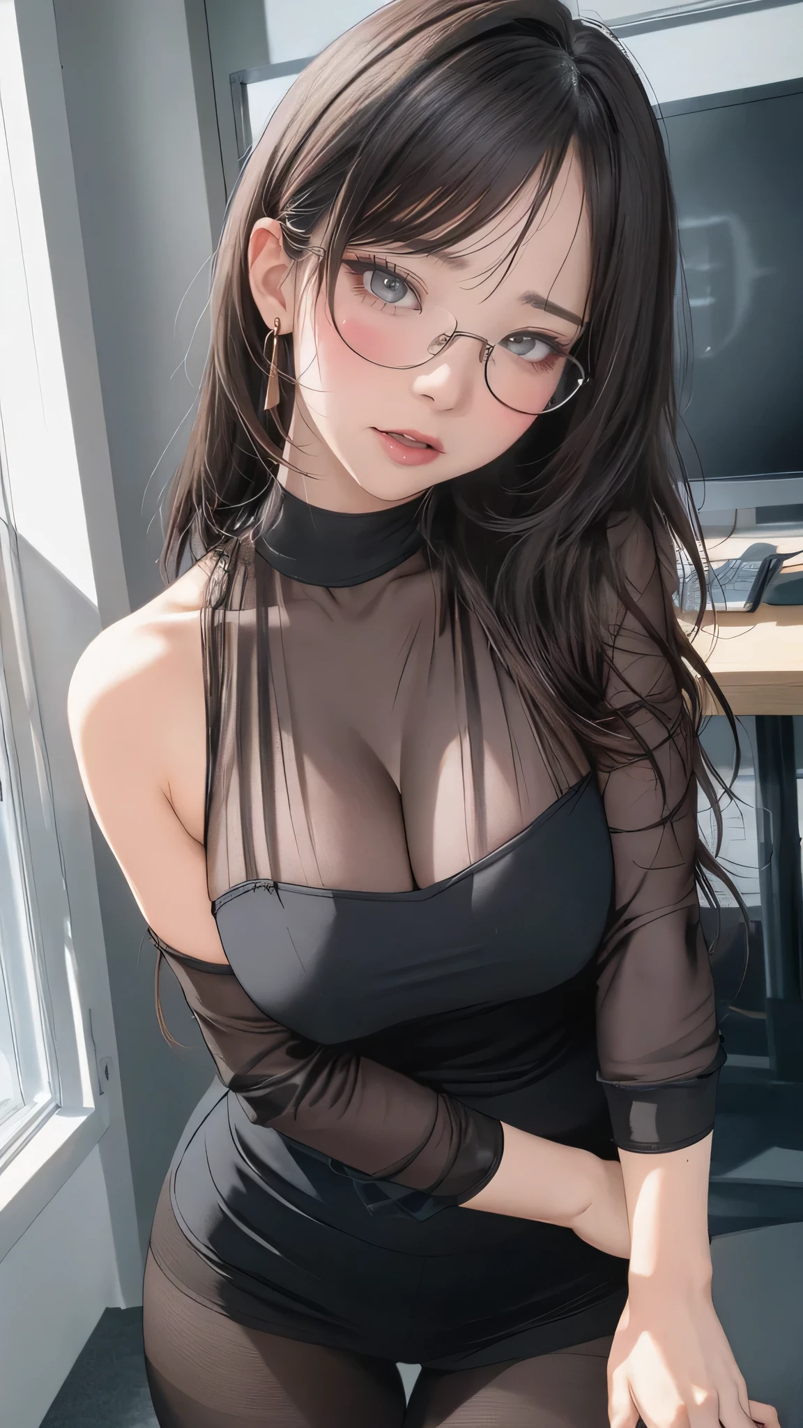1woman,random office lady fashion,(Thin type),(large breasts),(random sexy pose),(random hairstyle),(Highest image quality,(8K), Ultra-realistic, Best Quality, High quality, High Definition, high quality texture, high detailing, Beautiful detailed, fine detailed, extremely details CG, Detailed texture, realistic representation of face, masterpiece, presence),(wearing glasses:1.2),black pantyhose