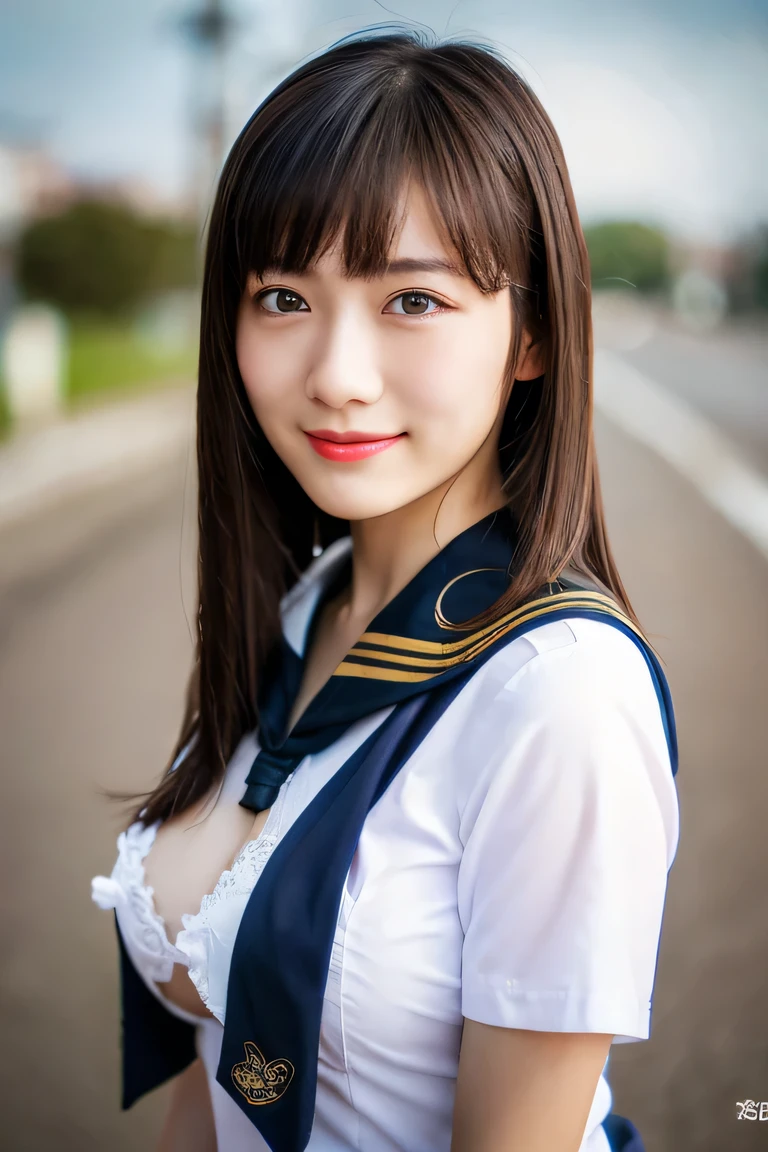 8K raw photo, Best quality, masterpiece, ultra high res, 3d, realistic, 1girl, asian, serious face, black_hair, black_sailor_collar, long_hair, nose, school_uniform, neckerchief, natural skin texture, light brown_eye, detailed eyes and face, lips, lipstick, beautiful legs, enormous breasts, beautiful seaside location, (detailed background), plaid skirt, white shirt, enormous breast, blurry background, short sleeves, smile, 