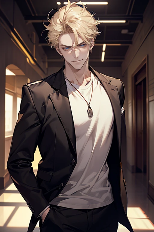 (tmasterpiece, high resolution, ultra - detailed:1.0), (1 boy, Young male, masculine face), Perfect male body, Adult male, Delicate eyes and delicate face, Extremely detailed CG, Unity 8k wallpaper, Complicated details, Detailed face, (blond hair, messy hair, serious faces, white T-shirt,Bad students), (frown,evil smile:1.3), hand in pocket, school corridor,black leather jacket, color difference, Depth of field, dramatic shadow, Ray tracing, Best quality, Cinematic lighting, offcial art,Portrait