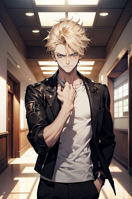 (tmasterpiece, high resolution, ultra - detailed:1.0), (1 boy, Young male, masculine face), Perfect male body, Adult male, Delicate eyes and delicate face, Extremely detailed CG, Unity 8k wallpaper, Complicated details, Detailed face, (blond hair, messy hair, serious faces, white T-shirt,Bad students), (frown,evil smile:1.3), hand in pocket, school corridor,black leather jacket, color difference, Depth of field, dramatic shadow, Ray tracing, Best quality, Cinematic lighting, offcial art,Portrait