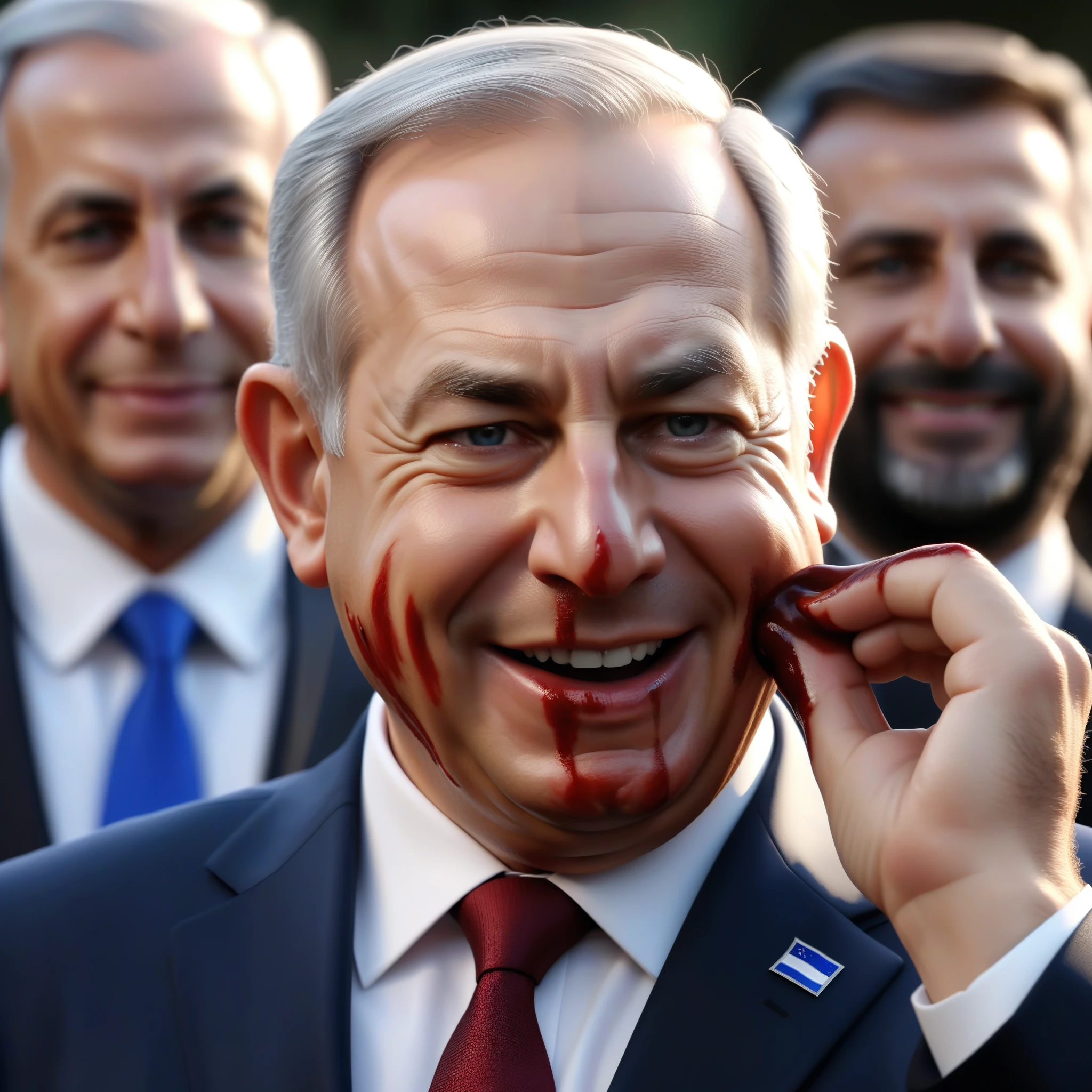 (masterpiece:1.2) (photorealistic:1.2) (bokeh) (best quality) (detailed skin) (intricate details) (8k) (high poly) (ray tracing) (cinematic lighting) (sharp focus),( full body:1.2), (half body:1.2) The truth of clean smiling Benjamin Netanyahu (trying to wipe blood from his mouth and his hands:1.4), (malevolence:1.2) Israel flags