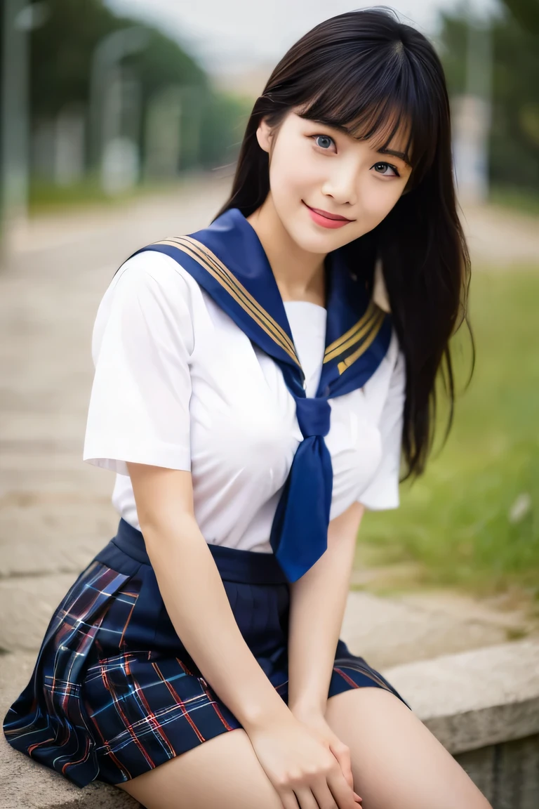 8K raw photo, Best quality, masterpiece, ultra high res, 3d, realistic, 1girl, asian, serious face, black_hair, black_sailor_collar, long_hair, nose, school_uniform, neckerchief, natural skin texture, light brown_eye, detailed eyes and face, lips, lipstick, beautiful legs, enormous breasts, beautiful seaside location, (detailed background), plaid skirt, white shirt, enormous breast, blurry background, short sleeves, vute smile,
