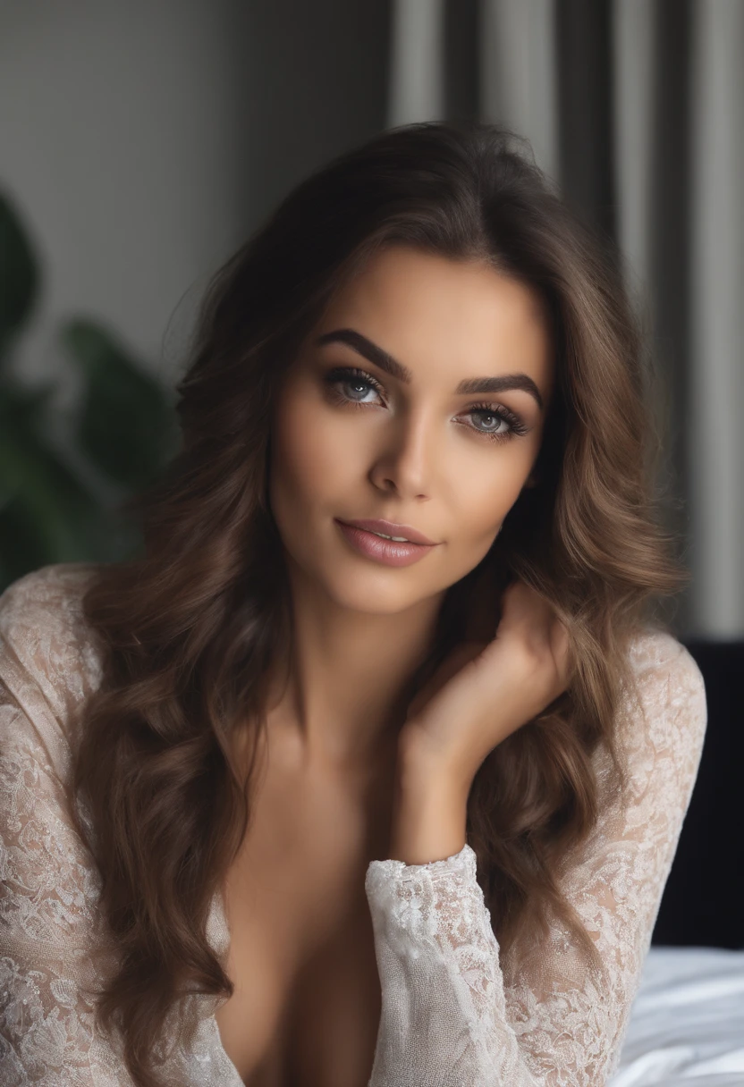 femme TYPE arabe avec un soutien-gorge blanc et un collier, fille sexy aux yeux verts, Portrait de Sophie Mudd, cheveux bruns et grands yeux, selfie d'une jeune femme, Yeux de chambre, violette myers, sans maquillage, Maquillage naturel, regarder directement la caméra, visage avec artgram, maquillage subtil, stunning Tout le corps shot, yeux verts perçants, bel angle, pose attrayante, Jolie fille, pose sexy, Tout le corps picture, Tout le corps, Tout le corps shoot, porter une jupe grise et des bottes