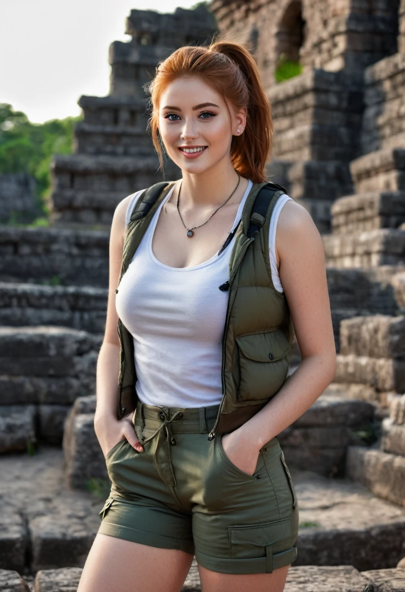 hyperrealistic beautiful busty 18-year-old women wearing henley shirt with puffer vest and cargo-shorts, model shooting full body photography, view from behind, natural redhead short straight ponytail, dark eye makeup with eyeliner, seductive smile, small necklace, 8K, Best quality, Meisterwerk, ultra high resolution, (Realismus: 1.4), Originalfoto, (realistische Hautstruktur: 1.3), (Filmkorn: 1.3), (Selfie-Winkel), 1 girl, Beautiful round hazel eyes and facial details, Meisterwerk, Best quality, posing outside with mayan city ruins with flashlight at night, nsfw