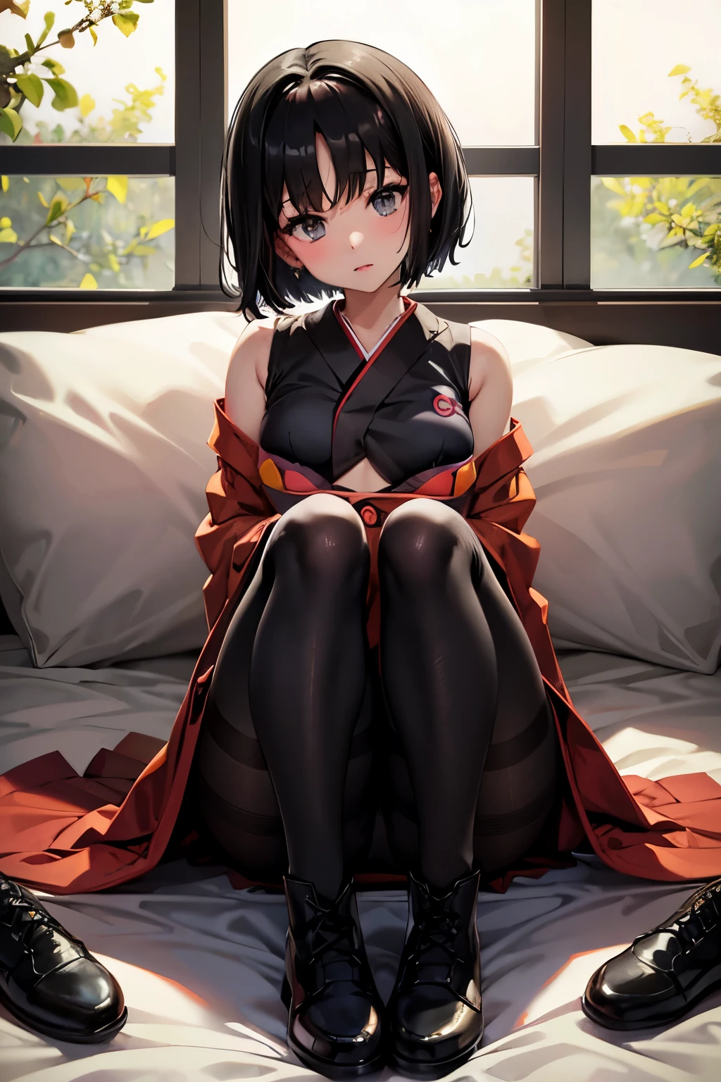 Erica、Pokémon、Black Hair、Short Hair、((pantyhose))、Photo from below、Medium chest、Bedroom、((Hakama))、One girl、boots、Poop sitting、Red ribbon、((Black Bra))