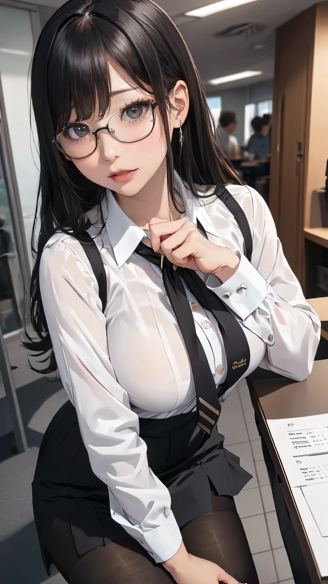 1woman,random office lady fashion,(Thin type),(large breasts),(random sexy pose),(random hairstyle),(Highest image quality,(8K), Ultra-realistic, Best Quality, High quality, High Definition, high quality texture, high detailing, Beautiful detailed, fine detailed, extremely details CG, Detailed texture, realistic representation of face, masterpiece, presence),(wearing glasses:1.2),black pantyhose