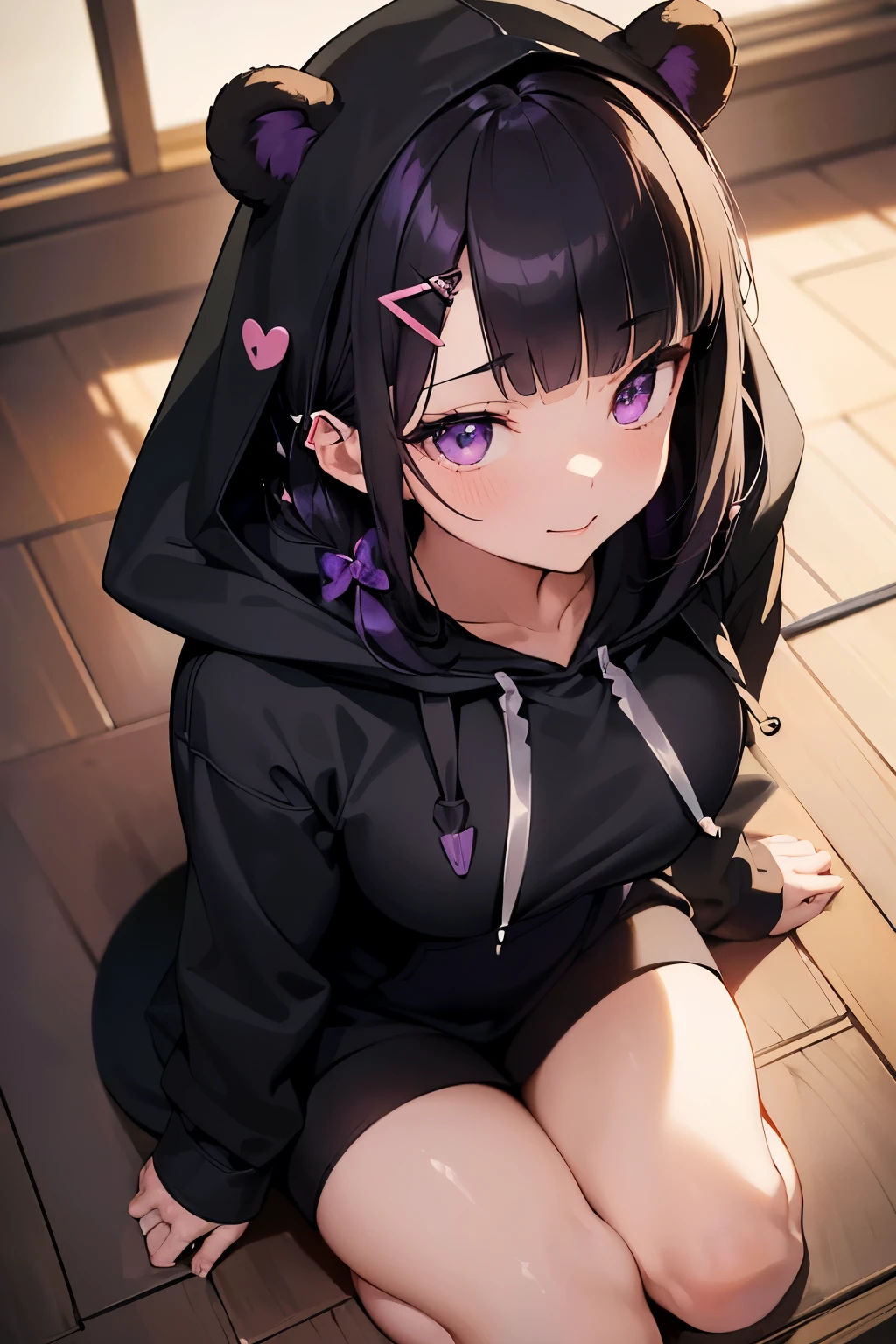 1 girl, , UHD, retina, masterpiece, Accurate, anatomically correct, rough skin, Super detailed, advanced details, high quality, Award history, 最high quality, High resolution, hd, 4k,(anime,8K,masterpiece, 最high quality, 最high quality,beautiful and aesthetic:1.2,professional illustration:1.1,Super detailed:1.3,perfect lighting),very detailed,most detailed,High resolution,cute pose，(black hair:1.5)，wince，(looking down from above:1.5), (bear ears hoodie:1.5)，(put on the hood:1.9)，(Brown Parker:1.9)，Impish Smile，(hairpin:1.9)，(dull bangs:1.5)，(purple eyes:1.5)，(small breasts)，wince， Red bow bra,white bra,white panties，(open clothes:1.5)，bed
