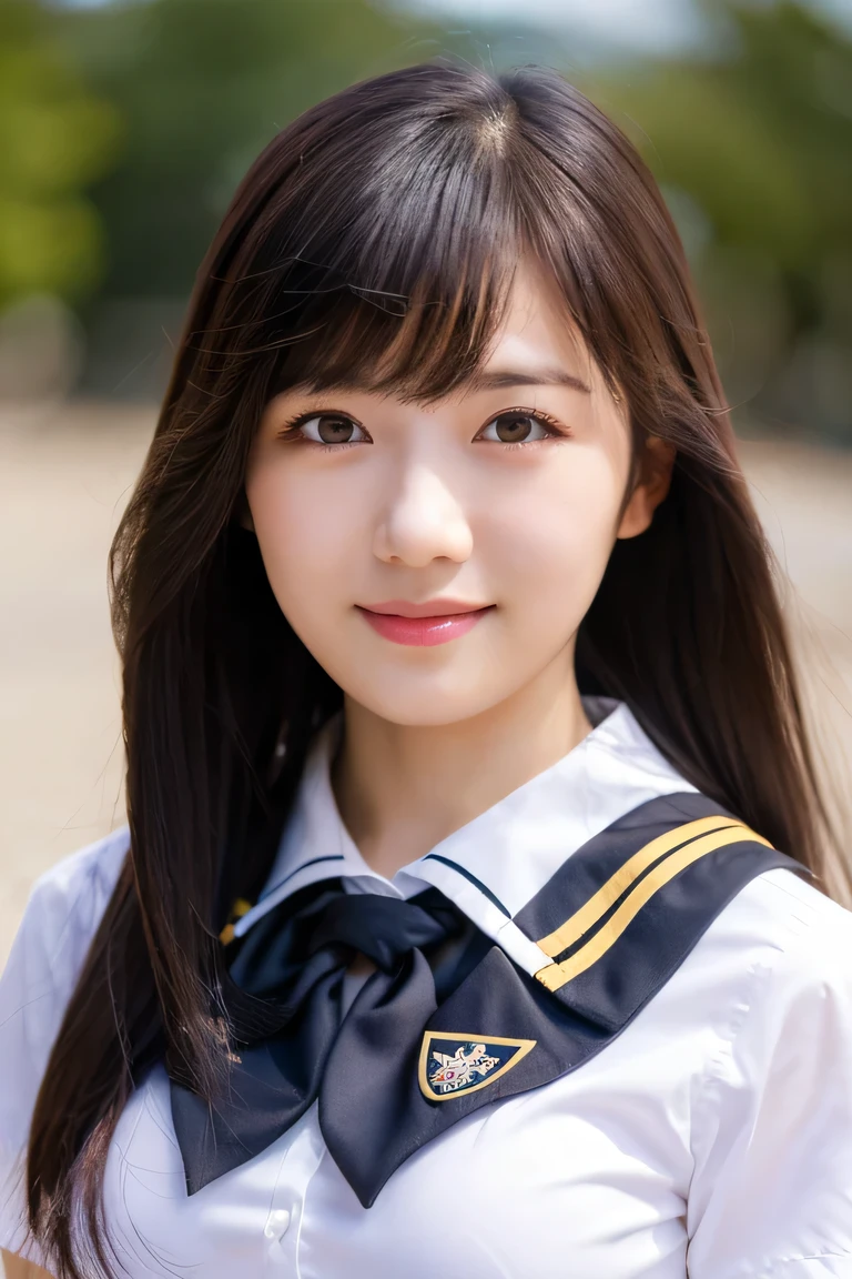 8K raw photo, Best quality, masterpiece, ultra high res, 3d, realistic, 1girl, asian, serious face, black_hair, black_sailor_collar, long_hair, nose, school_uniform, neckerchief, natural skin texture, light brown_eye, detailed eyes and face, lips, lipstick, beautiful legs, enormous breasts, beautiful seaside location, (detailed background), plaid skirt, white shirt, small breast, blurry background, short sleeves, cute smile,
