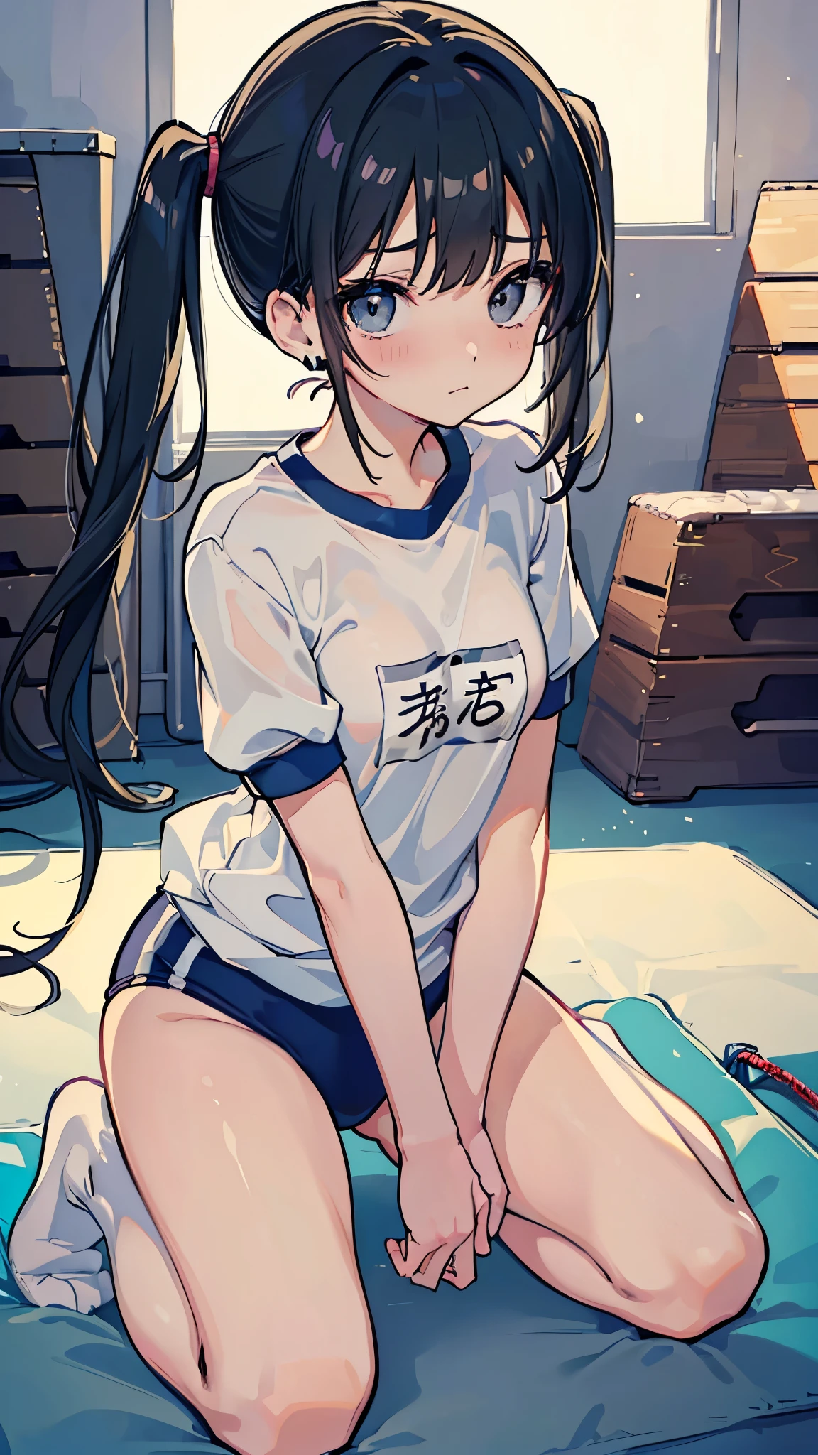 (8k、Best image quality、highest quality、masterpiece)、Detailed face、One girl、Black Hair、twintails、Grey Eyes、blush、((Open Mouth))、Earrings、Small breasts、((gym uniform))、Short sleeve、((Cover your chest with your hands))、kneeling、Gym storeroom