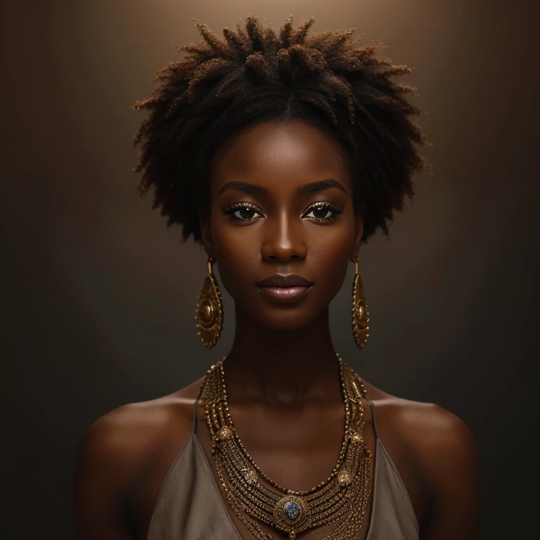 Un portrait exquis d’une femme noire africaine à la peau d’ebony profonde, la photographie capturée dans une superbe résolution 8k et au format brut pour préserver la plus haute qualité de détails. The beauty of the woman is undeniable. Elle porte une robe ouverte qui met en valeur sa peau radieuse, and his eyes are depicted with meticulous attention to detail, highlighting the captivating depth to&#39;interior. La photographie est prise avec un objectif qui souligne le défi dans son regard, and the backdrop is a dark studio setting which enhances the muted colors of the scene. L&#39;Lighting et les ombres sont savamment conçus pour faire ressortir la richesse de son teint et les nuances subtiles de ses traits.. Ses cheveux roux, avec sa teinte distincte, adds a touch of warmth and contrast to her skin&#39;ebony. Le cadre interior ajoute un sentiment d&#39;privacy, tandis que les taches de rousseur sur sa peau racontent leur propre histoire. La composition globale capture son essence avec authenticité et grâce., Create a portrait that celebrates his legacy and beauty. Photography by defiance512, utiliser les meilleures techniques d&#39;ombre et d&#39;Lighting, to create a fascinating representation that transcends the visual.