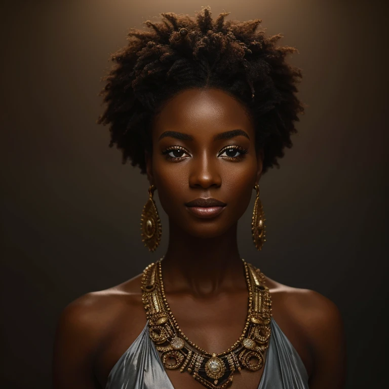 Un portrait exquis d’une femme noire africaine à la peau d’ebony profonde, la photographie capturée dans une superbe résolution 8k et au format brut pour préserver la plus haute qualité de détails. The beauty of the woman is undeniable. Elle porte une robe ouverte qui met en valeur sa peau radieuse, and his eyes are depicted with meticulous attention to detail, highlighting the captivating depth to'interior. La photographie est prise avec un objectif qui souligne le défi dans son regard, and the backdrop is a dark studio setting which enhances the muted colors of the scene. L'Lighting et les ombres sont savamment conçus pour faire ressortir la richesse de son teint et les nuances subtiles de ses traits.. Ses cheveux roux, avec sa teinte distincte, adds a touch of warmth and contrast to her skin'ebony. Le cadre interior ajoute un sentiment d'privacy, tandis que les taches de rousseur sur sa peau racontent leur propre histoire. La composition globale capture son essence avec authenticité et grâce., Create a portrait that celebrates his legacy and beauty. Photography by defiance512, utiliser les meilleures techniques d'ombre et d'Lighting, to create a fascinating representation that transcends the visual.