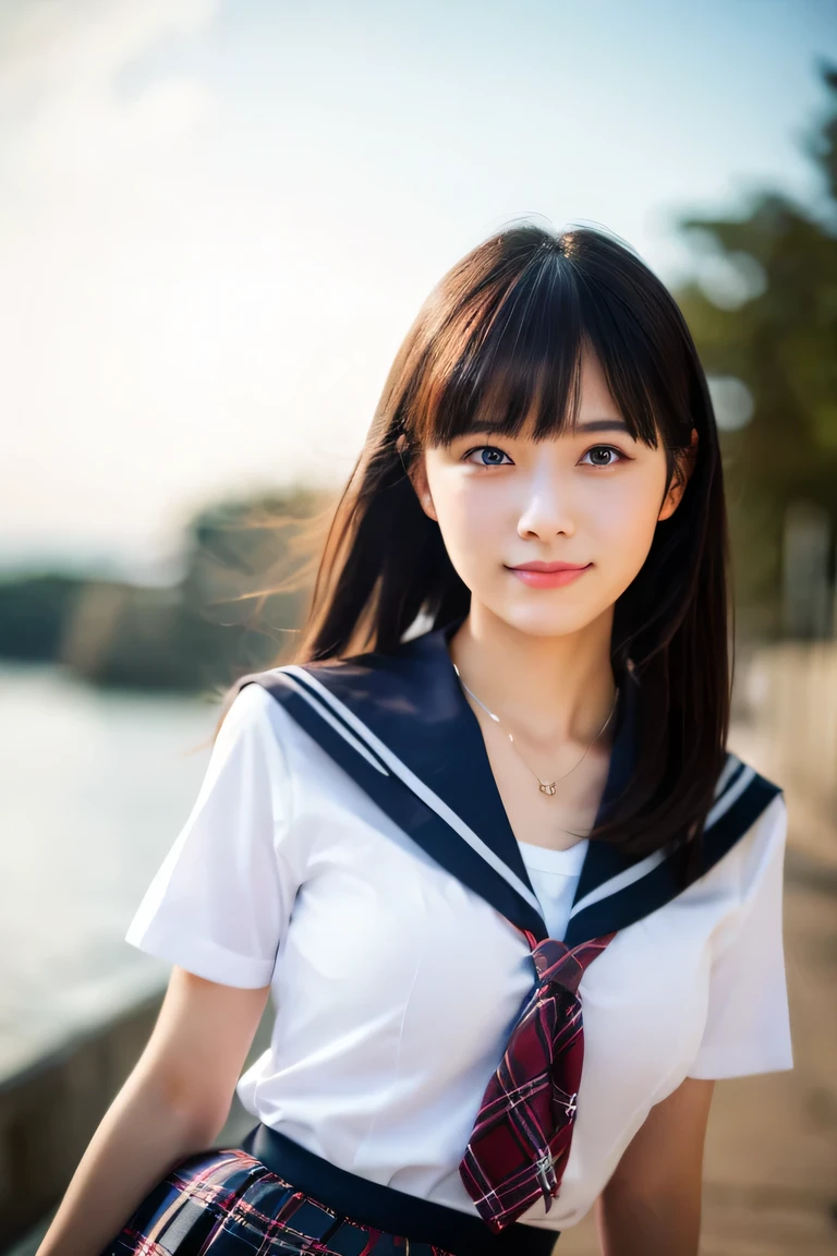 8K raw photo, Best quality, masterpiece, ultra high res, 3d, realistic, 1girl, asian, serious face, black_hair, black_sailor_collar, long_hair, nose, school_uniform, neckerchief, natural skin texture, light brown_eye, detailed eyes and face, lips, lipstick, beautiful legs, enormous breasts, beautiful seaside location, (detailed background), plaid skirt, white shirt, small breast, blurry background, short sleeves, cute smile, serafuku,