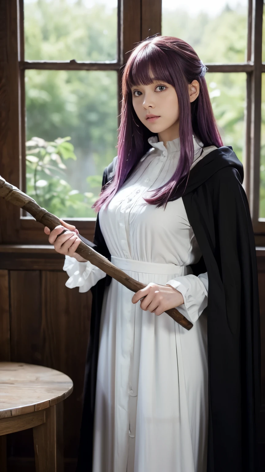 live-action, photo of, A scene inspired by the manga 'Frieren: Beyond Journey's End', fern, A hyper-realistic movie photograph of a beautiful cute girl with long, straight purple hair and blunt bangs cropped bangs, purple eyes, She is standing in a wooden room with large windows, holding a long staff wooden stick with a curved end, She is wearing a long, flowing white dress Ruffles around the neck with ((a black cloak)), The scene captures a serene and mystical atmosphere, reflecting the essence of a fantasy movie