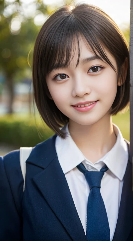(highest quality,8K quality,masterpiece:1.3),(Ultra-high resolution,Photorealistic:1.4,RAW Photos),(Very detailed,Caustics,Detailed Background),(Ultra-Realistic Capture,Fine and beautiful skin,Perfect Anatomy),At dusk,Sunset sky,School building,Schoolyard,18-year-old,cute,single eyelid,Black short bob,School Blazer Uniform,Looking at the camera,Laughter,Bust up shot,Natural soft light