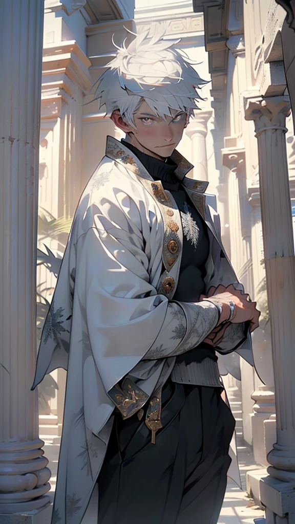 young korean idol boy, korean male, vertical pupils, cold look, pale skin,30 years old, white pale skin, (silver messy hair, silver medium hair, silver hair), (((jack frost:1.5))), ice magic, frost magic, magic cold, handsome man,man:1.5,1 man,super manly korean man,((korean man)),(male,muscle,1boy, 1 boy,pectoral,man chest, muscular),young,((1male,1 male,1man,man,male gender:1.5,handsome man,male focus)),(((white_eyes:1.3))),intricate eyes,beautiful detailed eyes,symmetrical eyes,slanted eyes:1.3,nice hair style,((detailed face)),
serious face,evil eyes,
(silver toga,toga clothes),(((robe outfit,robe clothes))),((bulge in pants)),((white and silver clothes theme,intricate outfit,intricate clothes)),
(dynamic pose:1.0),mocking,(centered,scale to fit dimensions,Rule of thirds),
inside,indoor,((room in a greek temple:1.3,columns of a greek temple:1.3)),scenery:1.25,((intricate scenery)),((winter decorations)),
(Glossy winter ornaments),highres,sharp focus,(ultra detailed,extremely detailed),(photorealistic artwork:1.37),(extremely detailed CG unity 8k wallpaper),(((vibrant colors,vibrant theme))),(intricate),(masterpiece),(best quality),artistic photography,(photography taken by sldr),(intricate background),perfect rendered face,perfect face details,realistic face,photo realistic,analog style,((intricate detail)),(((realism))),