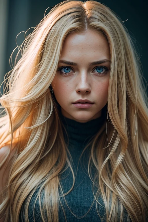 An attractive woman with long, wavy blonde hair and blue eyes with a serious face, hyper realistic absurdity, raw photo, UltraHD 8K, high quality, film grain, soft lighting, (highly detailed image: 1.2)