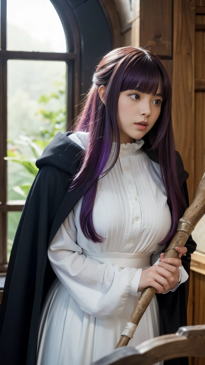 live-action, photo of, A scene inspired by the manga 'Frieren: Beyond Journey's End', fern, A hyper-realistic movie photograph of a beautiful cute girl with long, straight purple hair and blunt bangs cropped bangs, purple eyes, She is standing in a wooden room with large windows, holding a long staff wooden stick with a curved end, She is wearing a long, flowing white dress Ruffles around the neck with ((a black cloak)), The scene captures a serene and mystical atmosphere, reflecting the essence of a fantasy movie