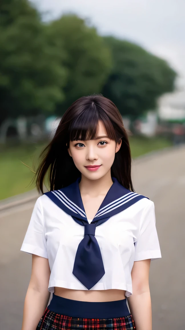 8K raw photo, Best quality, masterpiece, ultra high res, 3d, realistic, 1girl, asian, serious face, black_hair, black_sailor_collar, long_hair, nose, school_uniform, neckerchief, natural skin texture, light brown_eye, detailed eyes and face, lips, lipstick, beautiful legs, enormous breasts, beautiful seaside location, (detailed background), plaid skirt, white shirt, small breast, blurry background, short sleeves, cute smile, serafuku, arms at sides, 