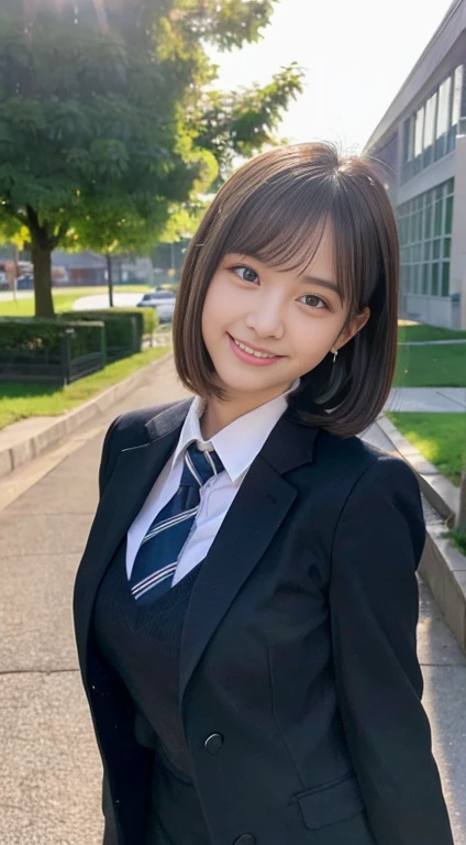 (highest quality,8K quality,masterpiece:1.3),(Ultra-high resolution,Realistic:1.4,RAW Photos),(Very detailed,Caustics,Detailed Background),(Ultra-Realistic Capture,Fine and beautiful skin,Perfect Anatomy),At dusk,Sunset sky,School building,Schoolyard,18-year-old,cute,single eyelid,Black short bob,School blazer uniform,Looking into the camera,Laughter,Bust up shot,Natural soft light、Big Breasts