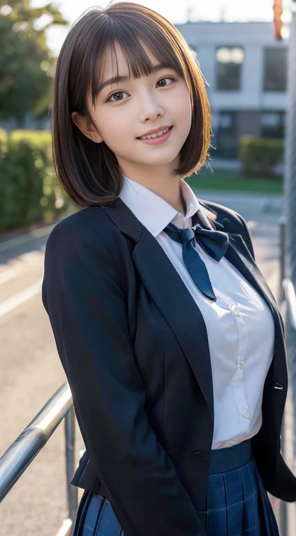 (highest quality,8K quality,masterpiece:1.3),(Ultra-high resolution,Realistic:1.4,RAW Photos),(Very detailed,Caustics,Detailed Background),(Ultra-Realistic Capture,Fine and beautiful skin,Perfect Anatomy),At dusk,Sunset sky,School building,Schoolyard,18-year-old,cute,single eyelid,Black short bob,School blazer uniform,Looking into the camera,Laughter,Bust up shot,Natural soft light、Big Breasts