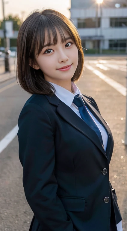 (highest quality,8K quality,masterpiece:1.3),(Ultra-high resolution,Realistic:1.4,RAW Photos),(Very detailed,Caustics,Detailed Background),(Ultra-Realistic Capture,Fine and beautiful skin,Perfect Anatomy),At dusk,Sunset sky,School building,Schoolyard,18-year-old,cute,single eyelid,Black short bob,School blazer uniform,Looking into the camera,Laughter,Bust up shot,Natural soft light、Big Breasts