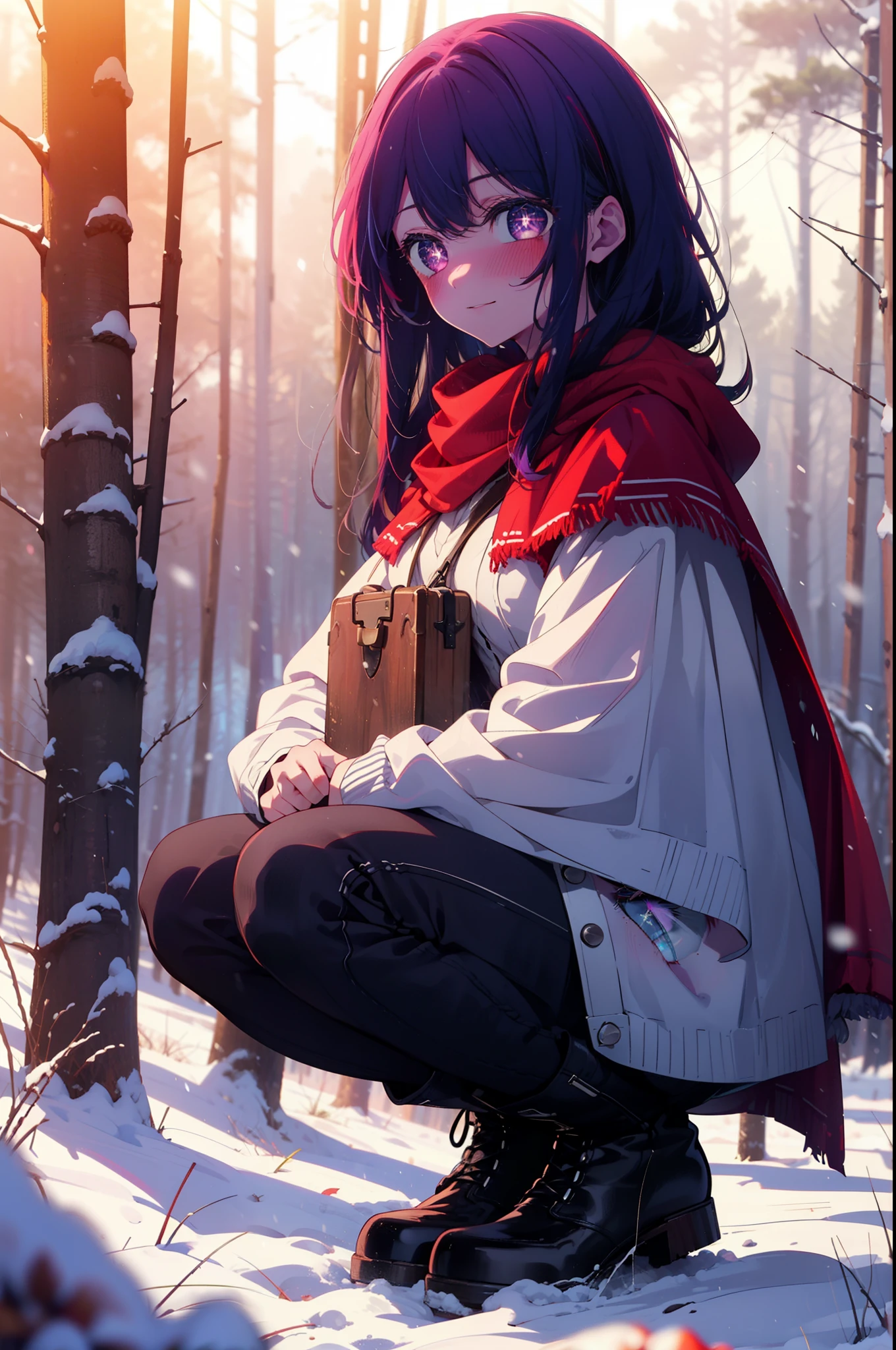 aihoshino, Ai Hoshino, Long Hair, bangs, (Purple eyes:1.1), Purple Hair, (Symbol-shaped pupil:1.5), smile,,smile,blush,White Breath,
Open your mouth,snow,Ground bonfire, Outdoor, boots, snowing, From the side, wood, suitcase, Cape, Blurred, , forest, White handbag, nature,  Squat, Mouth closed, Cape, winter, Written boundary depth, Black shoes, red Cape break looking at viewer, Upper Body, whole body, break Outdoor, forest, nature, break (masterpiece:1.2), highest quality, High resolution, unity 8k wallpaper, (shape:0.8), (Beautiful and beautiful eyes:1.6), Highly detailed face, Perfect lighting, Extremely detailed CG, (Perfect hands, Perfect Anatomy),