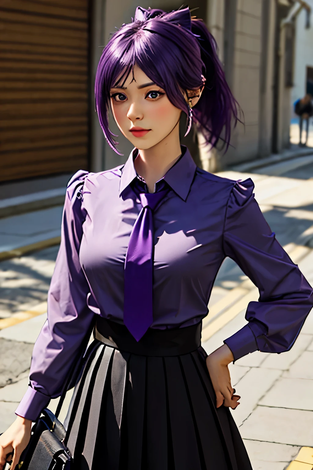 best quality, masterpiece, highres, solo, {shirt:1.40}, {keqing_genshin:1.15}, purple_hair, purple_eyes, bangs, ponytail, short_hair, sidelocks, hair_between_eyes, bow, hair_bow, blush, normal_breasts, shirt_with_tie, black_suit